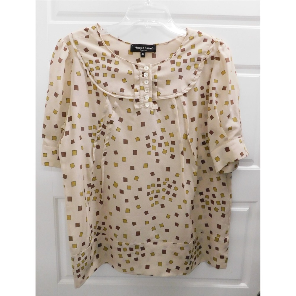 Adele Fado Italy Beige Multi 100% Silk Blouse Top Italy sz 44